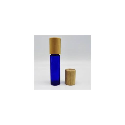 Roll-on aus Glas mit Metallkugel und Bambuskappe, blau, 10 ml